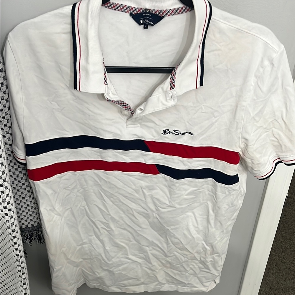 Ben Sherman White Polo Shirt with Red and Blue Stripes